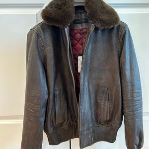 BNWT John Varvatos Men's Brown Leather Jacket with Fur Collar (S)